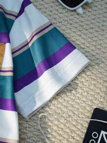 SHEIN Explorewe 2 件套男童数码条纹印花圆领短袖 T 恤和短裤套装，夏季