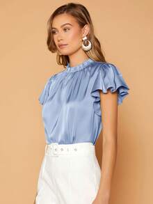 Firerie Women's Solid Color Ruffle Collar Pleated Short Sleeve Elegant Blouse - Blue - View 4