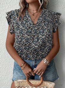 SHEIN Clasi Plus Size Casual Ditsy Floral Cap Sleeve Shirt