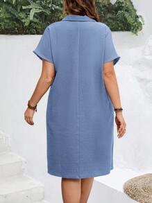 EMERY ROSE Plus Size Women Summer Lapel Boho Straight Blue Short Sleeve Dress,Sun Dresses For Women,Business Casual Woman - Dusty Blue - View 3