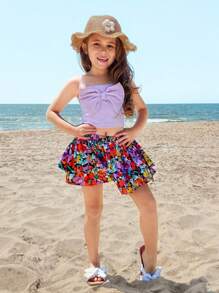 SHEIN 2pcs/Set Young Girls Sweet Bowknot Decor Crop Top And Ditsy Floral Shorts Sets - Purple - View 4