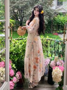 DAZY Vestido de manga farol con cuello en V y estampado floral diminuto, estilo resort, vestido de manga larga para otoño