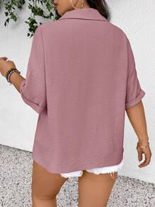 SHEIN Frenchy Women Plus Size Front Open Design Textured Fabric Comfortable Casual Short Sleeve Blouse, Suitable For Spring/Summer Women Spring Tops Summer Women Tops Elegant Women Dresses - Dusty Pink - View 2