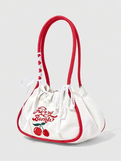 Kawaii Women's Red Trim Minimalist Multifunctional Shoulder Bag, White