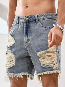 Manfinity BRENVOR 男士夏季休闲做旧水洗牛仔短裤，Emo 风格 - 藍色 - 查看 3