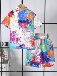Fantacosmos 2pcs/Set Tween Boys' Casual Splatter Paint Colorful Short Sleeve Shirt And Shorts Set, Suitable For Summer Vacation, Beach, And Streetwear, School, Campus, College - Multicolor - View 2