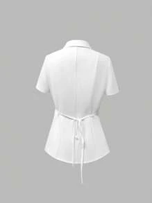 Women's Solid Color Business Single-Breasted Short Sleeve Slim Fit Casual Blouse - White - View 2