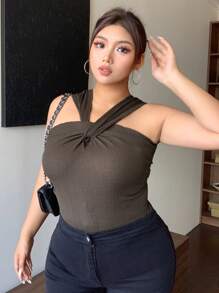 Dazy Plus 1pc Women Plus Size Solid Color Cut Short Halter Neck Fitted Tank Top Women Summer Clothing