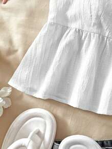 SHEIN TEENGIRL White Cap Sleeve A-Line Textured Fabric Shirt, Suitable For Vacation, Music Festivals, Bohemian, Holiday, Afternoon Tea Dates Summer Outfits For Girls Summer Girls Outfit