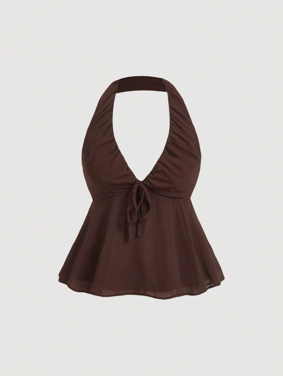 SHEIN MOD Women's Brown V-Neck Babydoll Pullover Top, Halter Top - Mocha Brown - View 1