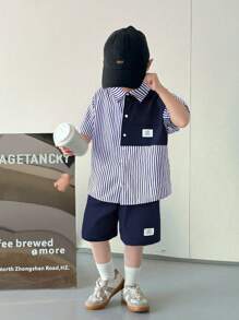 2pcs/Set Young Boys Comfortable Casual Loose Fit Korean Fashion Stylish Striped Shirt And Contrast Color Shorts Set, Suitable For Daily Wear, Sports, Outing, School, Parties, Festivals, Photoshoot, Back To School Season, Spring/Summer