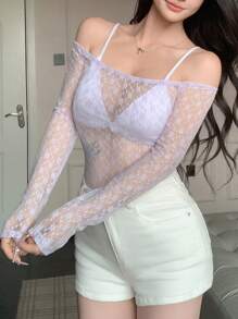 DAZY Sheer Lace Off Shoulder Long Sleeve Cover Up Top, Cropped, Light Purple, Summer