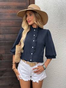 EMERY ROSE Women's Simple Solid Color Button Collar Ruffle Button Up Blouse