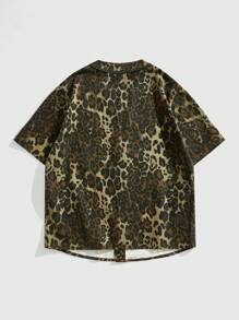 ROMWE MEN Street Life Men's Street Leopard Print Single-Breasted Denim Shirt Short Sleeve - Black - View 2
