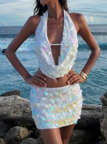 Opulessa 度假海滩性感串珠低腰女式迷你裙 - 粉色 - 查看 7