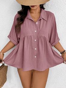 SHEIN Frenchy Women Plus Size Front Open Design Textured Fabric Comfortable Casual Short Sleeve Blouse, Suitable For Spring/Summer Women Spring Tops Summer Women Tops Elegant Women Dresses - Dusty Pink - View 4