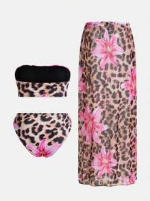 Swim Oasis Plus Size Women Floral & Leopard Print Sexy Halter Tankini Swimsuit Set Z Przezroczystym Nakryciem i Spódnicą Na Letnią Plażę