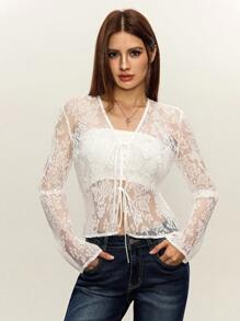 Rina Fox Lace Frill Front Bowknot Women's Sheer Thin Jacket Fall Cloth For Women - White - View 1