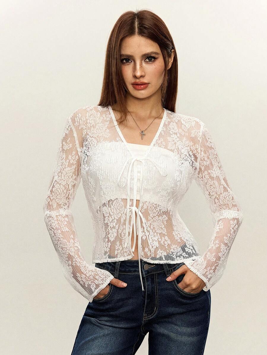 Rina Fox Lace Frill Front Bowknot Women's Sheer Thin Jacket Fall Cloth For Women - White - View 1