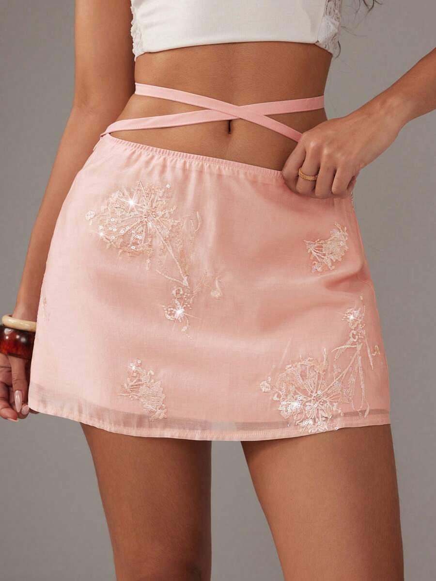 SHEIN Unity Chinese Style Sexy Sheer Embroidered A-Line Green Mini Skirt For Women - Pink - View 1