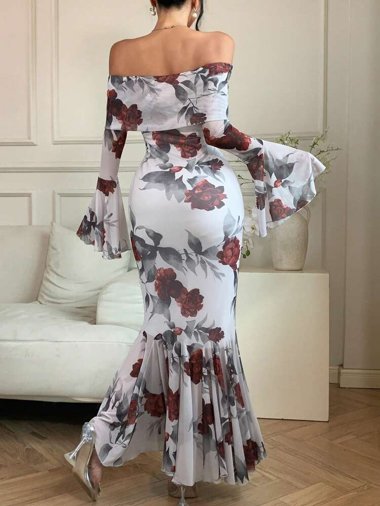 Women Off Shoulder Mesh Flounced Long Dress, Fall Long Sleeve Dress Boho