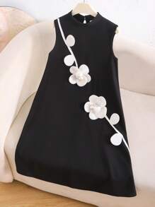 SHEIN Vestido sólido de punto con decoración de flores 3D, corte en bloque de color holgado y volantes, diseño de cuello alto entallado, elegante y casual, para niñas preadolescentes