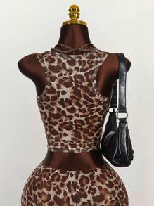 Amplova Women's Fashion Cut-Off Leopard Print Mesh Bodycon Tank Top