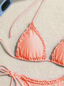 Swim Mod Women's Vacation Striped Nautical Patchwork Ruffle Tie-Up Bikini Set For Summer - Pink - View 6