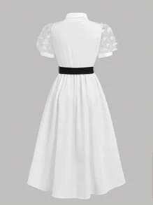 Pitira Pitira Vestito camicia elegante da primavera/estate con cintura in pizzo e toppe a farfalla stile accademico, per uso quotidiano, della linea TEENGIRL, di colore bianco