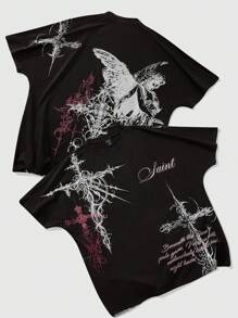 ROMWE MEN Goth Camiseta de manga corta con estampado de alas de murciélago para hombres, ropa casual para primavera y verano