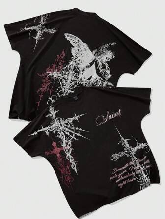 Goth T-shirt à manches courtes pour hommes avec imprimé d'aile de chauve-souris, tenue décontractée pour le printemps et l'été