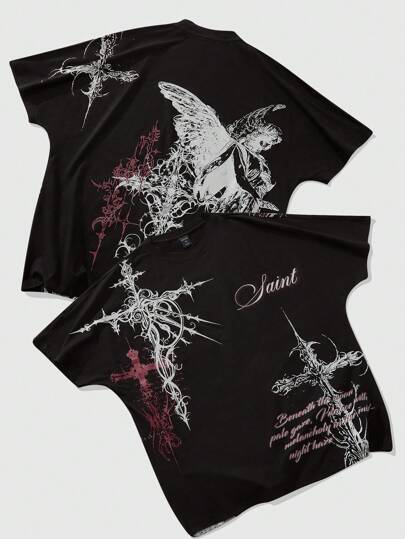 Goth Herren Fledermaus-Flügel Grafik bedrucktes Kurzarm T-Shirt, lässige Kleidung für Frühling & Sommer