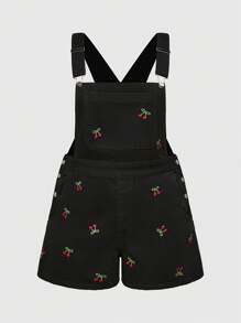 ROMWE Kawaii Plus Size Retro Cute Cherry All Over Print Embroidery Denim Romper, Summer - Black - View 6
