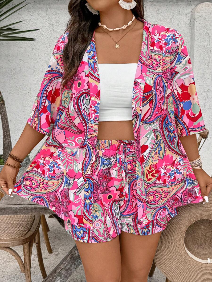 SHEIN VCAY Bộ 2 món áo sơ mi và quần short in họa tiết mùa hè cỡ lớn cho nữ, trang phục kimono ngắn giản dị cho khu nghỉ dưỡng bãi biển, trang phục tiệc hồ bơi Coconut Girl mùa hè Boho Chic phong cách Boho cho nữ trang phục ăn trưa cho nữ trang phục sân bay cho nữ trang phục kỳ nghỉ trên bãi biển trang phục nghỉ ngơi trong thành phố trang phục ngày lễ trang phục phương Tây cho nữ trang phục phương Tây cho nữ cộng với trang phục kỳ nghỉ mùa hè châu Âu trên đảo trang phục tuần trăng mật phụ nữ tiền già - Màu Hồng Tươi - Xem 1