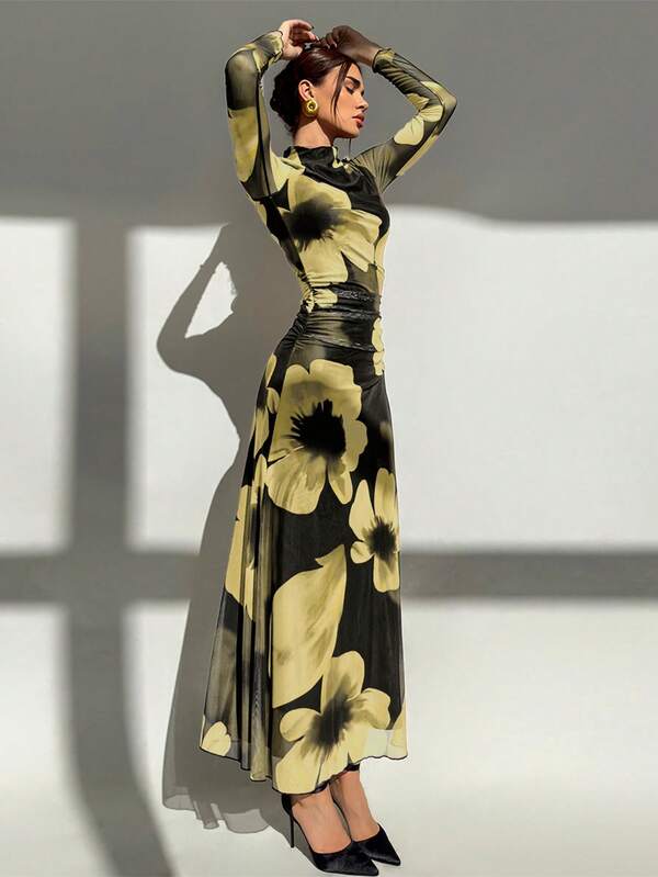 Aloruh New Tie Dye Floral Print Mesh Panel Long Sleeve Slim Fit Maxi Vacation Dress,Fall Dresses For Women