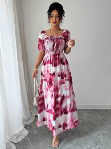 Modelyn Women's Cinched Waist Floral Print Ruffle Hem A-Line Dress - Red - View 5