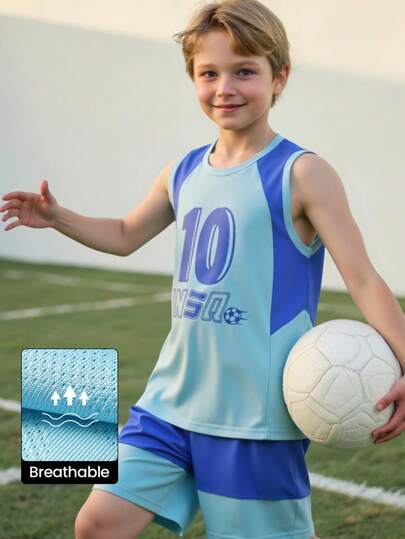 JNSQ 返校户外运动短袖短裤制服套装，儿童圆领拼布撞色趣味印花户外运动短袖运动服套装