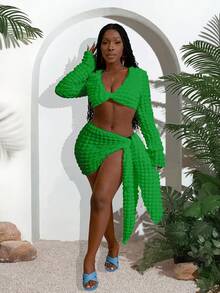 Slaydiva 2025 Summer New Music Festival, Easter, Western, Nomadic, St. Patrick's Day, Birthday Party, Graduation, Student Wear, Daily Casual, Vacation, Cruise Travel, Beach, Sunbathing, Fashionable White Women 2pcs Set With Tie Strap Texture Curvy Two Piece Set Green Two Piece Set Resort Wear Curve Beach Skirt Set Curve Swimsuit Cover Up
