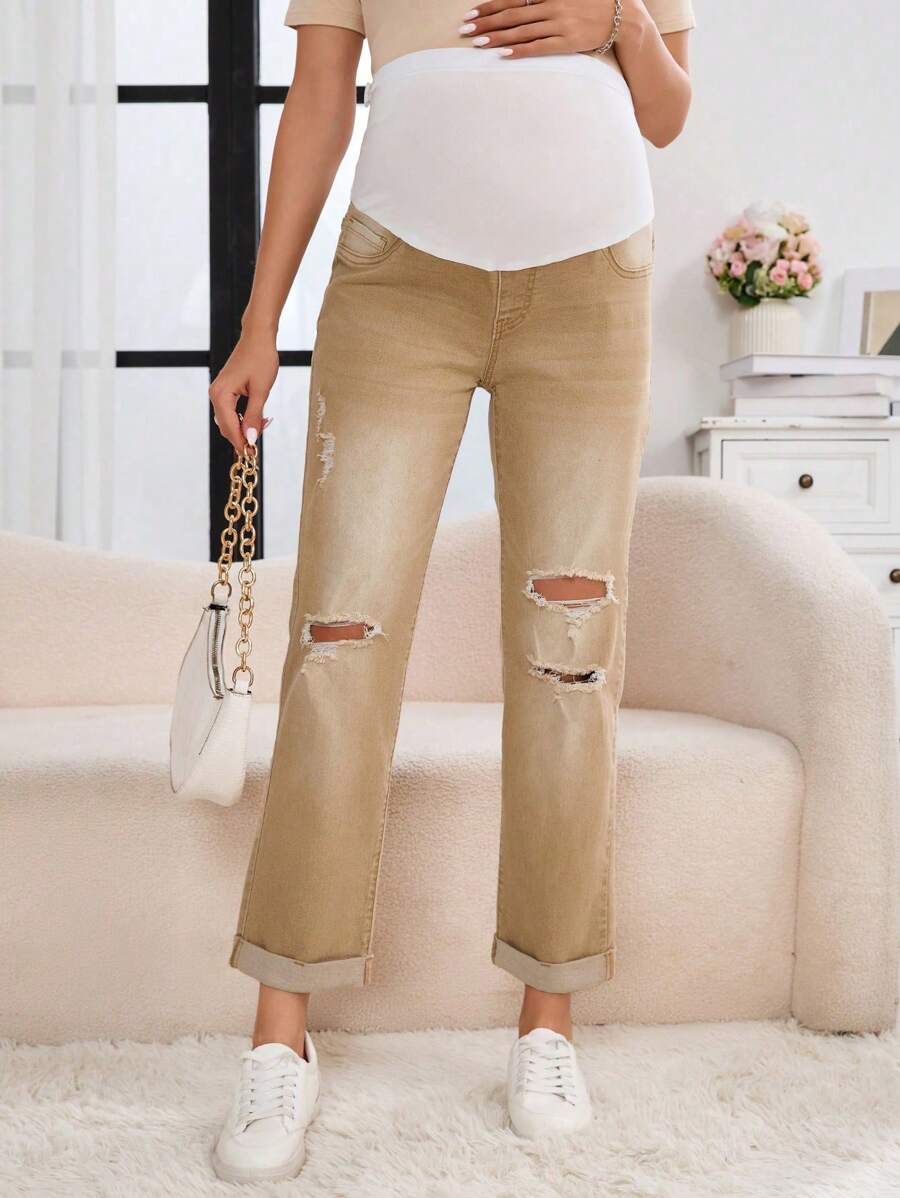 SHEIN Maternity Solid Color Ripped Pocket Casual Jeans - Khaki - View 1