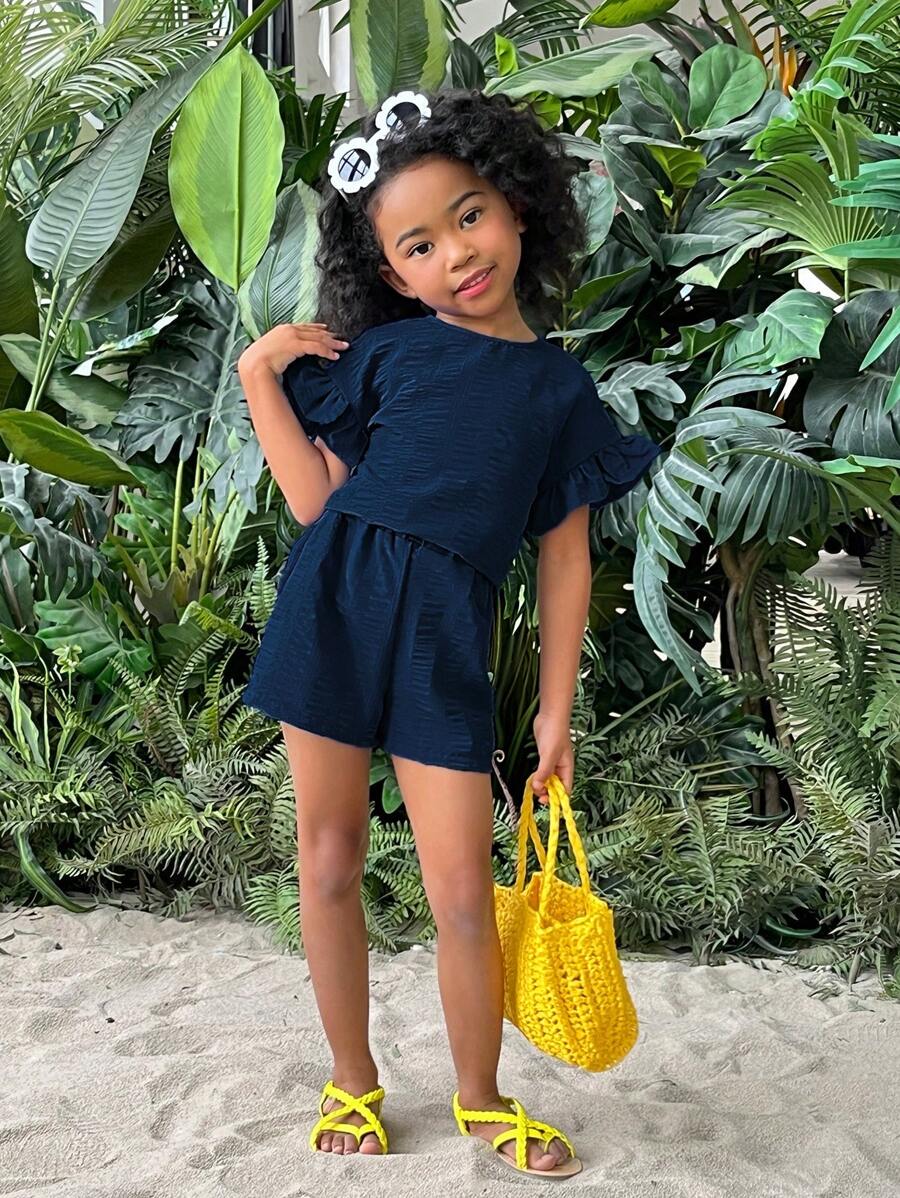SHEIN Young Girl Vacation Casual Solid Color Round Neck Knit Top And Shorts Set, Spring/Summer