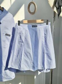 Comfortcana Set casual da donna taglie forti composto da camicia a maniche lunghe con spalle scoperte in patchwork a quadri e righe e minigonna plissettata in 2 pezzi