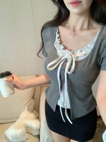 DAZY Women's Summer 2 In 1 Ruffled Bowknot Short Sleeve T-Shirt