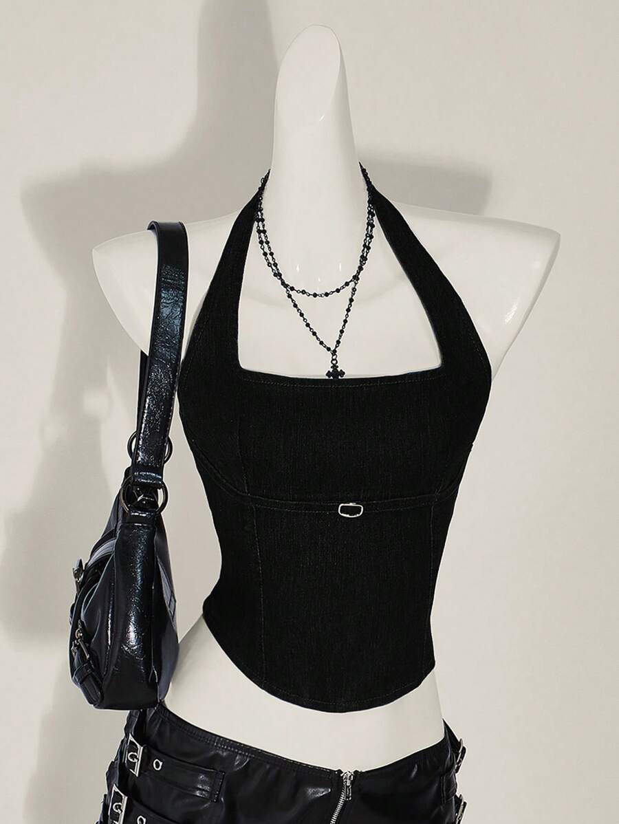 SHEIN ICON Women's Button-Up Design Fitted Cowboy Tank Top - Black - View 1