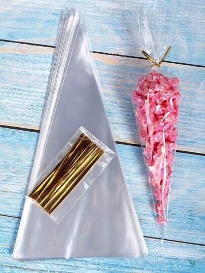 SHEIN 50pcs Clear Packaging Bag With 50pcs Twist Tie School Supplies Food Bag Food Box Suitable For Candy Chocolate Cookies ,Popcorn,Cookies & Party Favors,Goodie Bags Etc.