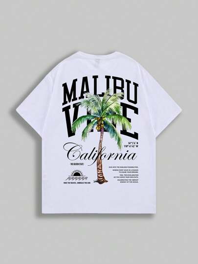 Street Life Men's Casual Palm Tree & Slogan Print Round Neck Short Sleeve T-Shirt, Summer