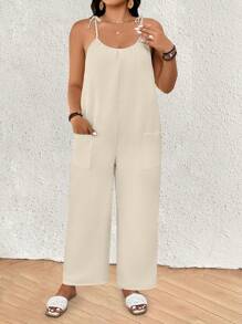 SHEIN Clasi Mono de talla grande de unicolor sin mangas, adecuado para el verano - Albaricoque - Ver 4