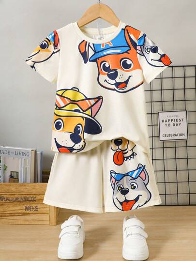 SHEIN 2 Pieces Boy's Cute Puppy Graphic Short Sleeve T-Shirt And Shorts Casual Knit Pajama Set, Summer