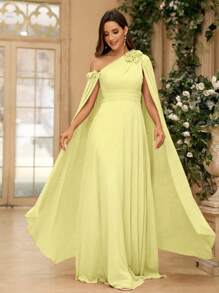 SHEIN Belle Váy phù dâu bằng vải voan cổ bất đối xứng, họa tiết hoa 3D, tay bồng, váy dạ hội cho nữ (có đính đá), trang trọng, váy dự tiệc, dành cho khách dự tiệc cưới - Màu vàng - Xem 6