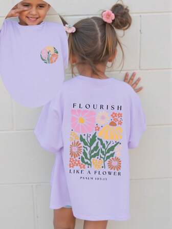 SHEIN Girls' Simple Floral & Letter Print Short Sleeve Casual Tee, Fashionable, Comfortable, Vacation Style, Spring/Summer, School, Campus, College Summer Holiday