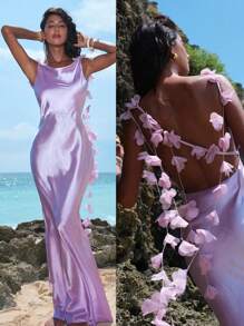 Vestido sin espalda de tejido liso para mujer - Morado - Ver 9
